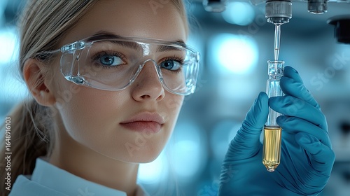Glass vial, pipette and woman scientist in laboratory for medical study, research or experiment.  
