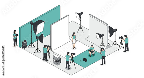 Isometric photography studio setup with professional equipment and crew