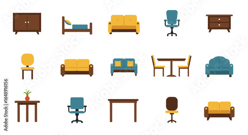 Modern furniture icons set featuring chairs, sofas, tables, and beds in flat style