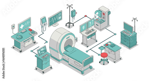 Advanced isometric medical equipment in modern diagnostic room setup