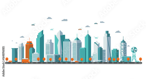 Modern flat cityscape with skyscrapers and public transport in urban setting