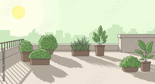 Balcony Garden With Potted Plants And Urban Skyline Against Sunny Sky
