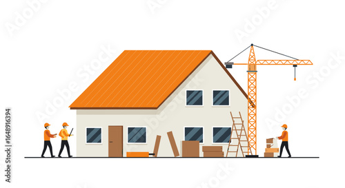 Construction site with workers and crane building a house