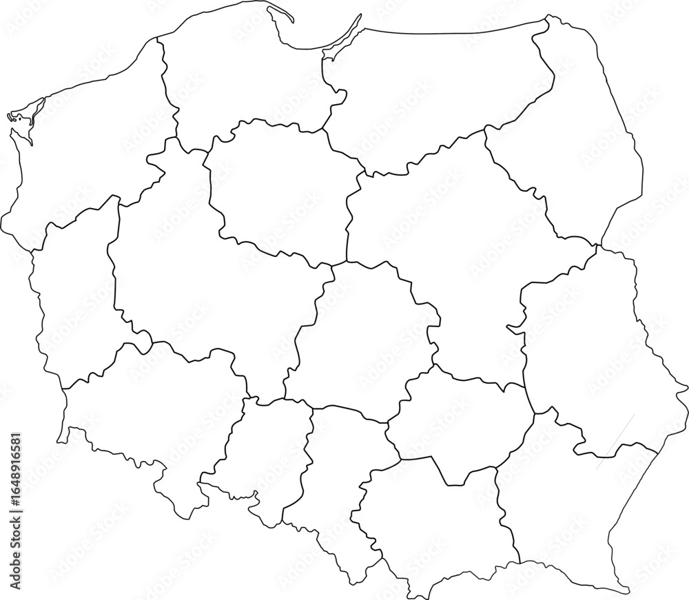 Obraz premium A detailed vector outline map of Poland, clearly showing the boundaries of its 16 provinces. Ideal for educational or data-driven projects