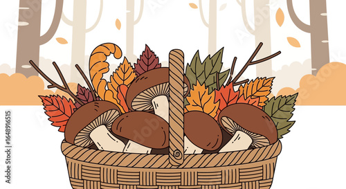 Basket Filled With Autumnal Mushrooms And Leaves For Seasonal Designs