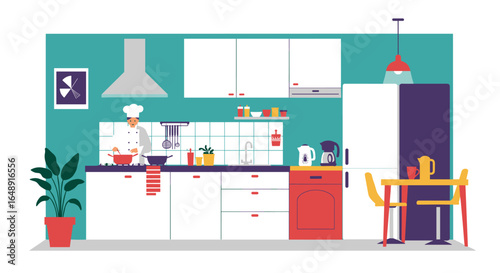 Modern kitchen interior with chef cooking in minimalist style