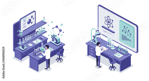 Isometric science laboratory with researchers analyzing data and conducting experiments