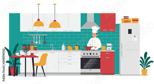 Modern kitchen with chef cooking pasta in stylish interior design