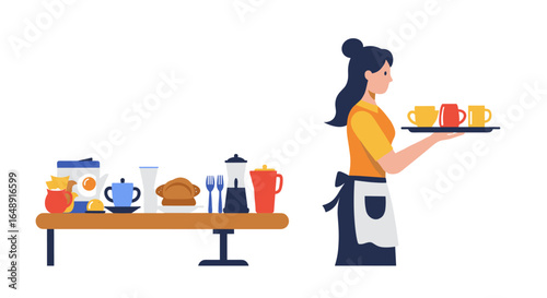 Waitress serving coffee and breakfast with table setting in flat design