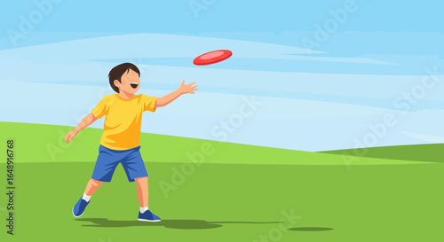 Boy Throws Frisbee Outdoors Enjoying Summer Fun Illustration Cartoon Graphic