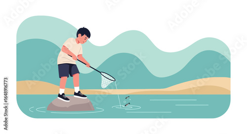 Boy Stands On a Stone and Tries to Catch Fish With a Net in Summer Vacation