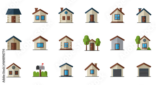 Diverse residential building icons collection with flat design aesthetic