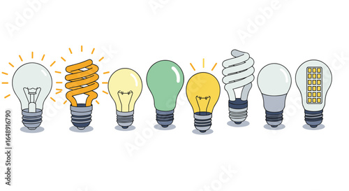 Collection of various light bulbs in cartoon style: vintage, modern, and energy-efficient designs
