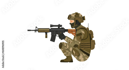 Soldier in tactical gear aiming rifle in combat pose