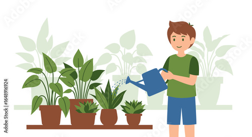 Boy Waters Potted Plants In His Room In A Flat Vector Illustration