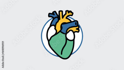 Stylized Human Heart Illustration within a Circular Border for Medical and Educational Purposes Depicting Cardiovascular System Anatomy and Health Concepts