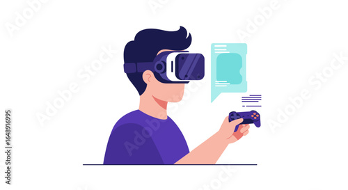 Gamer with virtual reality headset and controller engages in immersive experience