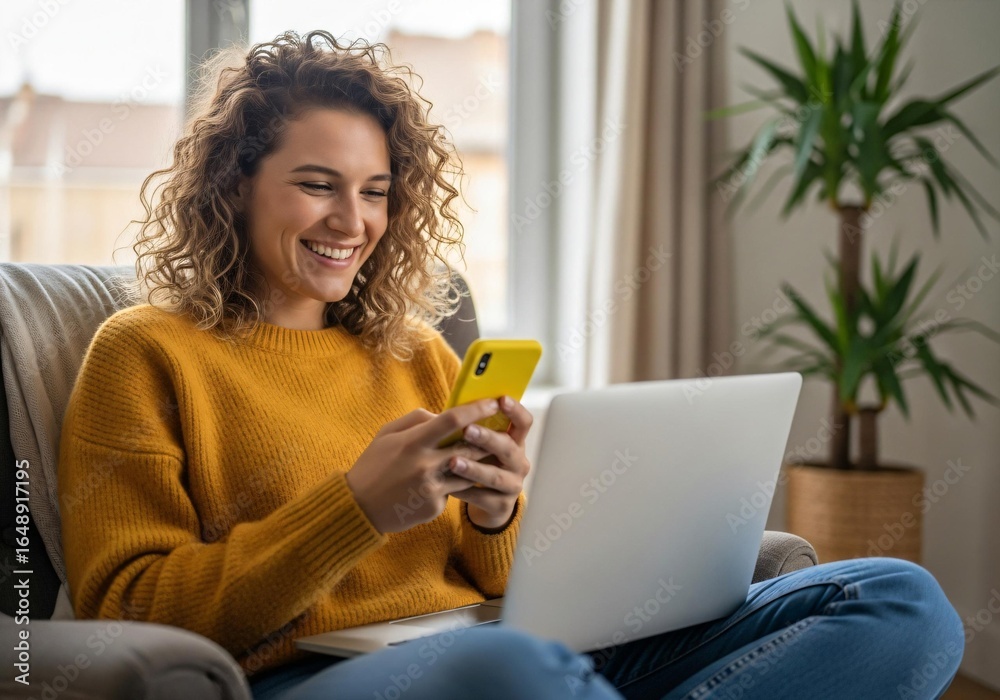 Smiling woman using phone with laptop at home Smiling woman using phone with laptop at home
