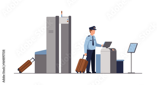 Airport security checkpoint scene with officer and luggage scanner