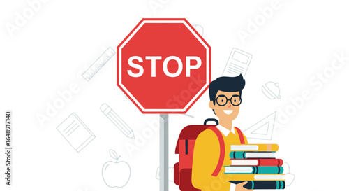 Boy With Books Next To Stop Roadsign Representing Safety For Pupils