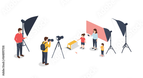 Isometric family photo shoot session with professional photography equipment