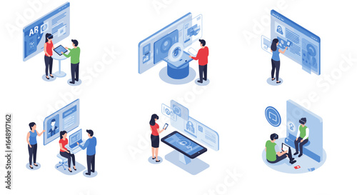 Isometric augmented reality and digital interaction concepts in blue theme