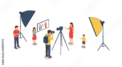 Isometric family photo shoot scene with photographer and lighting setup