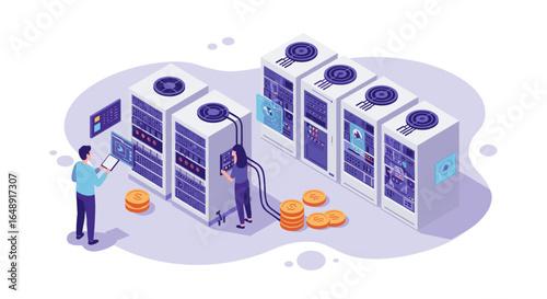 Isometric data center: technology server room with cryptocurrency mining