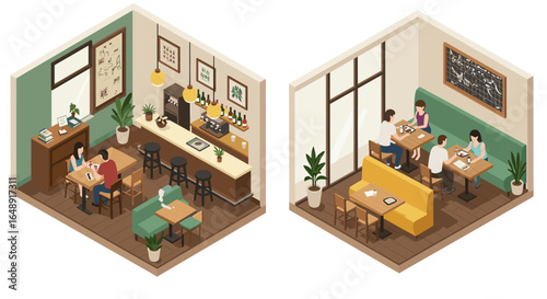 Cozy isometric cafe interior with people enjoying drinks and socializing