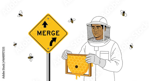 Beekeeper Manages Bees with Merge Caution Sign for Optimal Honeycomb Production
