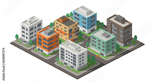 Colorful isometric cityscape with modern buildings