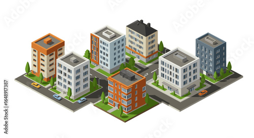 Isometric urban neighborhood with modern apartment buildings and streets