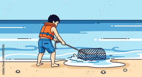 Boy With Life Jacket Pulling A Trap From Sea Water On The Beach Illustration