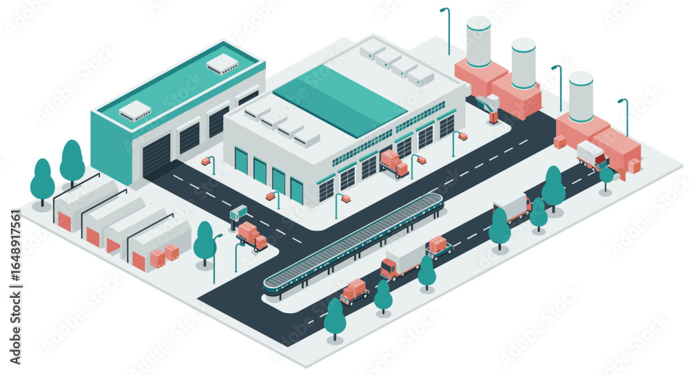 Obraz premium Isometric industrial factory complex with conveyor belt and trucks