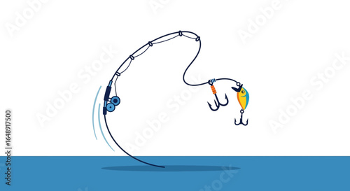 Bending Fishing Rod Over Blue Water Ready To Lure An Underwater Catch