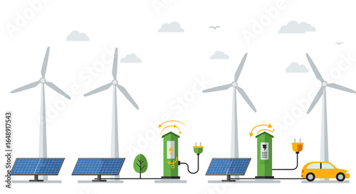 Renewable energy sources with wind turbines and solar panels in flat design