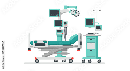 Modern hospital room equipment with medical bed and monitoring devices on white background