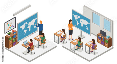 Isometric classroom scene with teachers and students learning geography