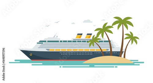 Luxury cruise ship docked near tropical island with palm trees and sandy beach