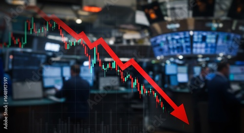 Wallpaper Mural Stock market crash with red arrow overlaying trading floor, indicating financial downturn Torontodigital.ca