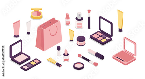 Isometric makeup and shopping bag on white background: modern cosmetic set