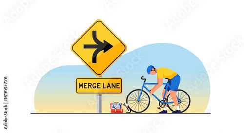 Bicyclist Examining His Bike Near A Merge Lane Sign Illustration