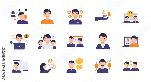 Flat style business networking icons featuring diverse teamwork and collaboration concepts