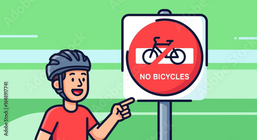 Bicyclist Points To Sign Indicating That Riding Bicycles Is Prohibited Here