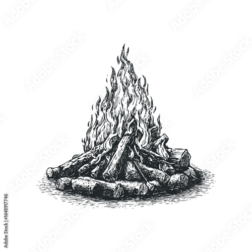 Hand-drawn campfire with burning logs and flames in a sketchy style
