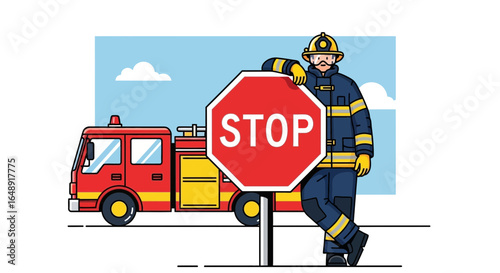 Brave Fireman Leaning Against Stop Sign with Firetruck In The Background