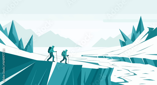 Brave Hikers Explore The Icy Landscape Of The Frozen Mountains Adventure