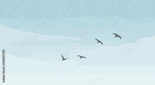 Birds Fly In The Rain Minimalist Depiction Of A Gloomy Weather Day
