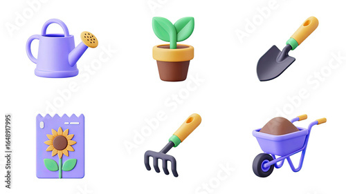 Charming garden essentials including watering can, plant, shovel, seeds, rake, and wheelbarrow.