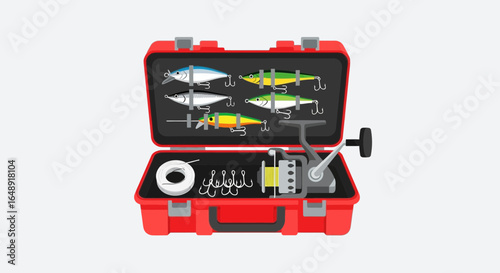 Bright Fishing Tackle Box with Lures and Reel Equipment for Angling Hobby